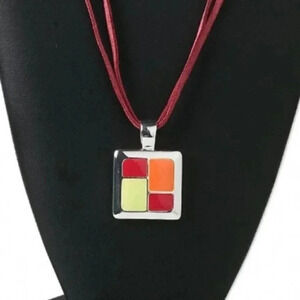 Midcentury Modern Style Red Yellow Squares Silver Plated Pendant Necklace